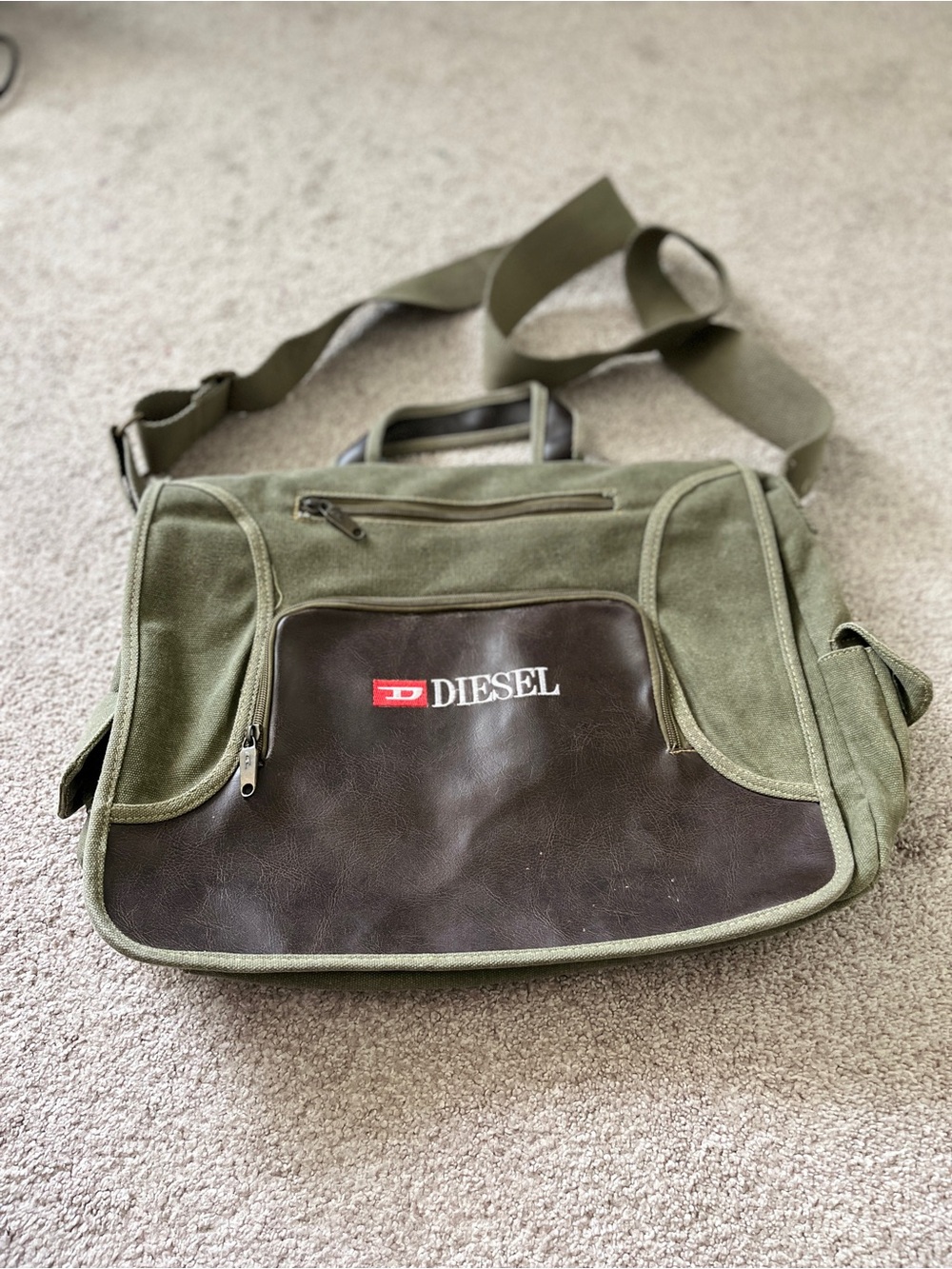 Diesel Unisex Olive Green Brown Canvas Leather-Trim Multi-pockets Messenger Bag